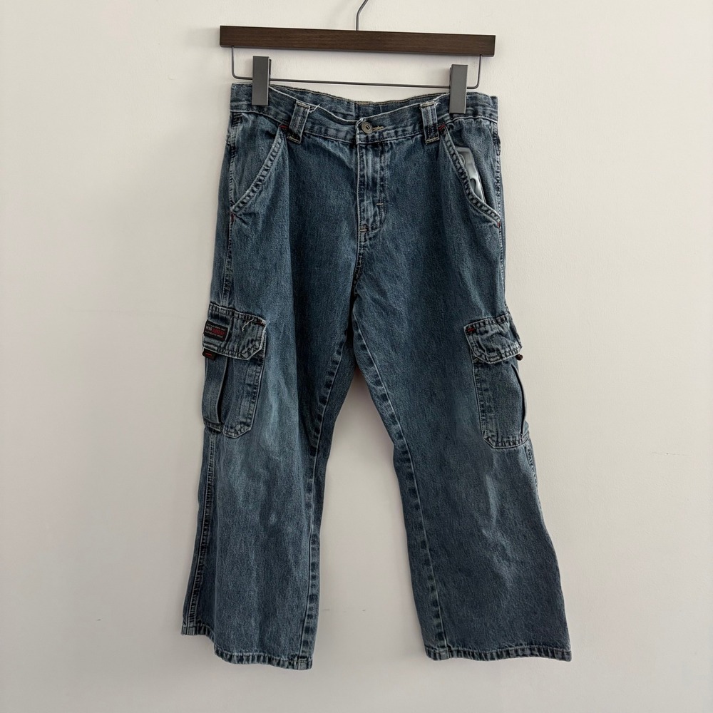 Kids Vintage Cargo Jeans Medium Wash Wide Leg Skate Denim Blue Utility Pants
